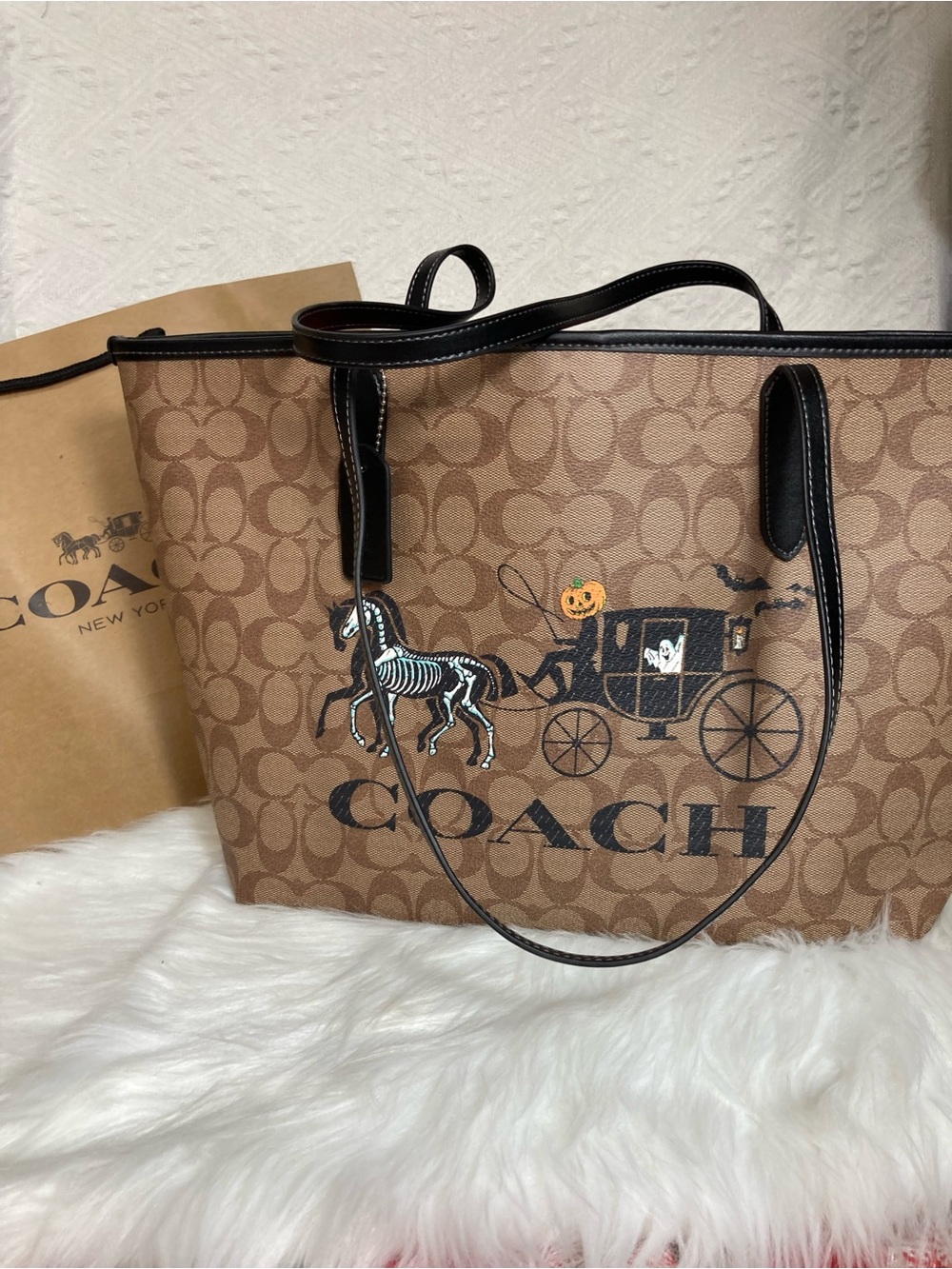 Coach Tan Signature Canvas Tote with Black Trim and Halloween Carriage Graphic